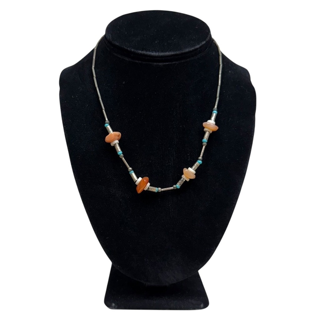 Glass Beaded Necklace Turquoise Carnelian Gemstone Twist Clasp Boho Jewelry 8 in